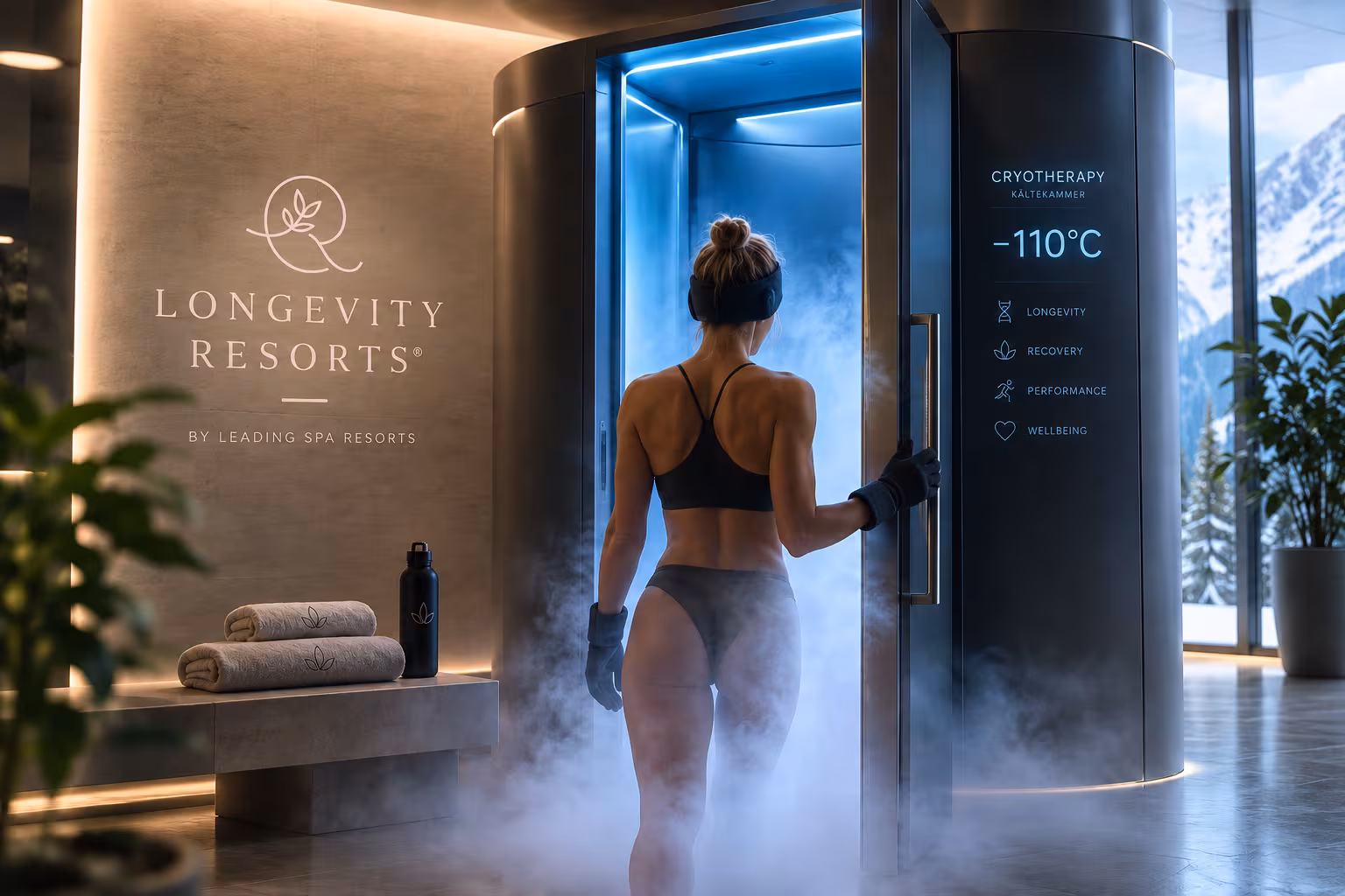 Gast betritt eine Kältekammer bei −110 °C im Longevity Resort, im Hintergrund verschneite Berge